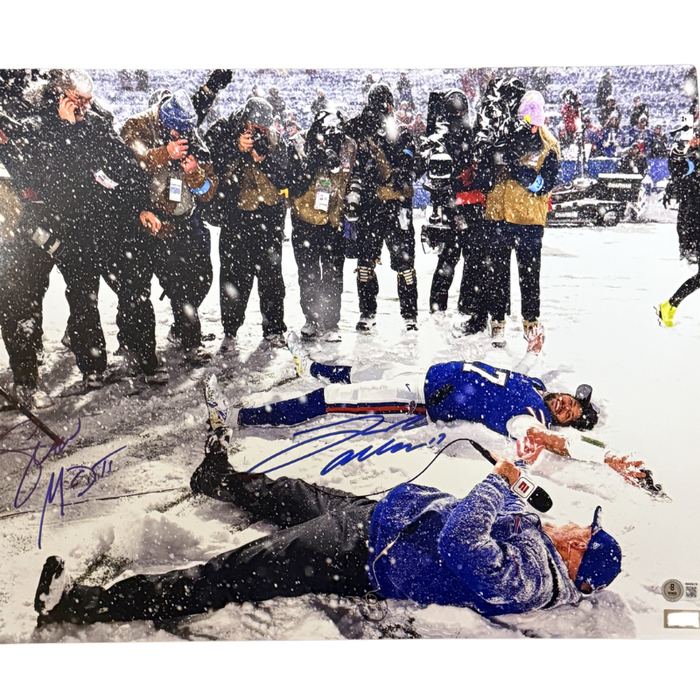 Josh Allen and Sean McDermott Dual Signed 2024 AFC East Clinching Snow Angels Celebration 16x20 Photo