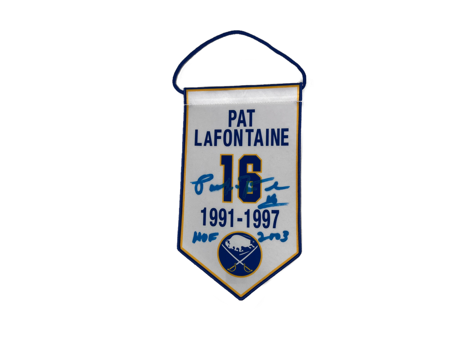 Pat LaFontaine Signed Mini Retirement Banner with “HOF 2003”