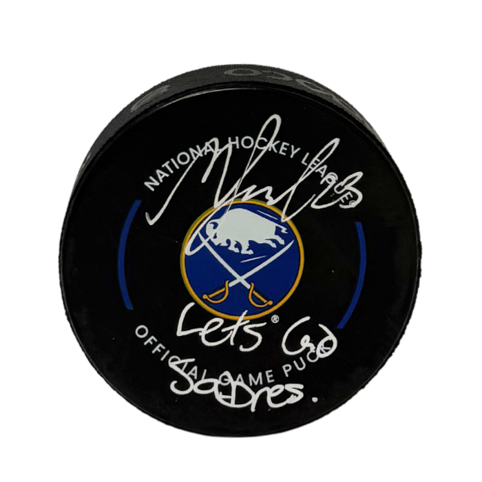 Mattias Samuelsson Signed Buffalo Sabres Official Game Model Hockey Puck Inscribed "Let's Go Sabres"
