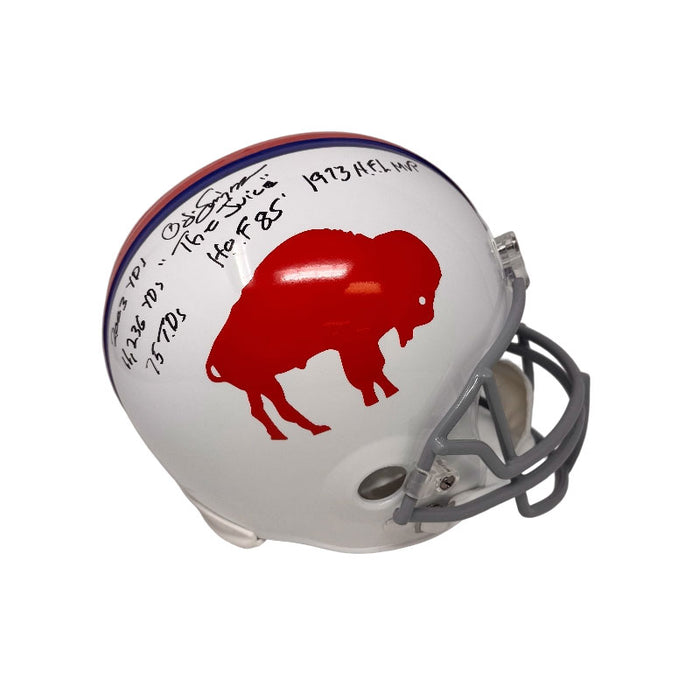 OJ Simpson Signed Buffalo Bills Full Size Standing Buffalo VSR4 Replica Helmet with The Juice, HOF 85, 1973 NFL MVP and Stats