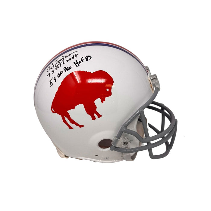 OJ Simpson Signed Buffalo Bills Full Size Standing Buffalo Pro-Line Authentic Helmet with '73 NFL MVP, 5x All Pro and HOF 85