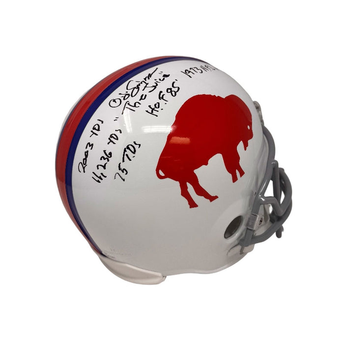 OJ Simpson Signed Buffalo Bills Full Size Standing Buffalo VSR4 Replica Helmet with The Juice, HOF 85, 1973 NFL MVP and Stats