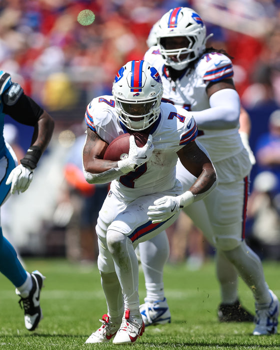 PRE-SALE: Ray Davis Signed Running with Football in Preseason Vs. Panthers Photo