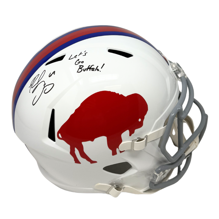 Reid Ferguson Signed Buffalo Bills Full Size Standing Buffalo Speed Replica Helmet with "Let's Go Buffalo"