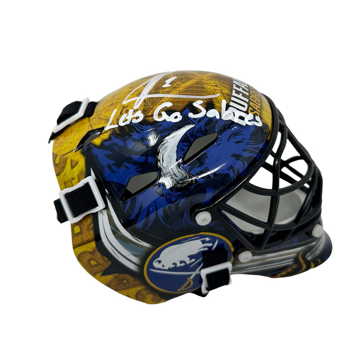 Ukko-Pekka Luukkonen Signed Sabres Mini Goalie Mask with Let's Go Sabres Signed Hockey Mini Helmet TSE Buffalo 