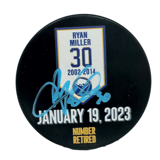 Ryan Miller Signed Buffalo Sabres Retirement Banner Puck Signed Hockey Puck TSE Buffalo 