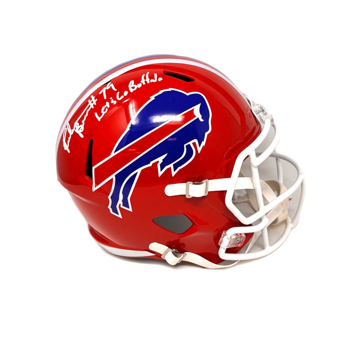 Ruben Brown Signed Buffalo Bills Full Size Red Throwback Speed Replica Helmet with Let's Go Buffalo