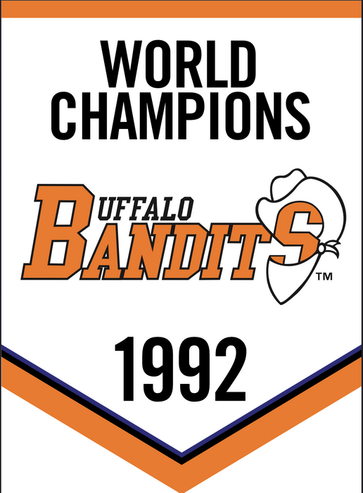 PRE-SALE: John Tavares, Darris and Rich Kilgour Triple Signed Buffalo Bandits Custom Mini 1992 World Champions Banner