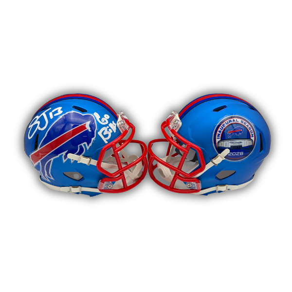 Stevie Johnson Signed TSE Exclusive Riddell Inaugural Buffalo Bills Blue Speed Mini Helmet with "Go Bills"