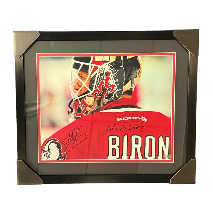Marty Biron Signed in Goathead with Let's Go Sabres - Professionally Framed