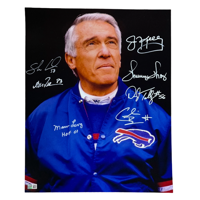 Marv Levy Multi-Signed (Conlan, Reed, Levy, Kelly, Thomas, Talley & Bennett) Spotlight Looking Up 16x20 Photo