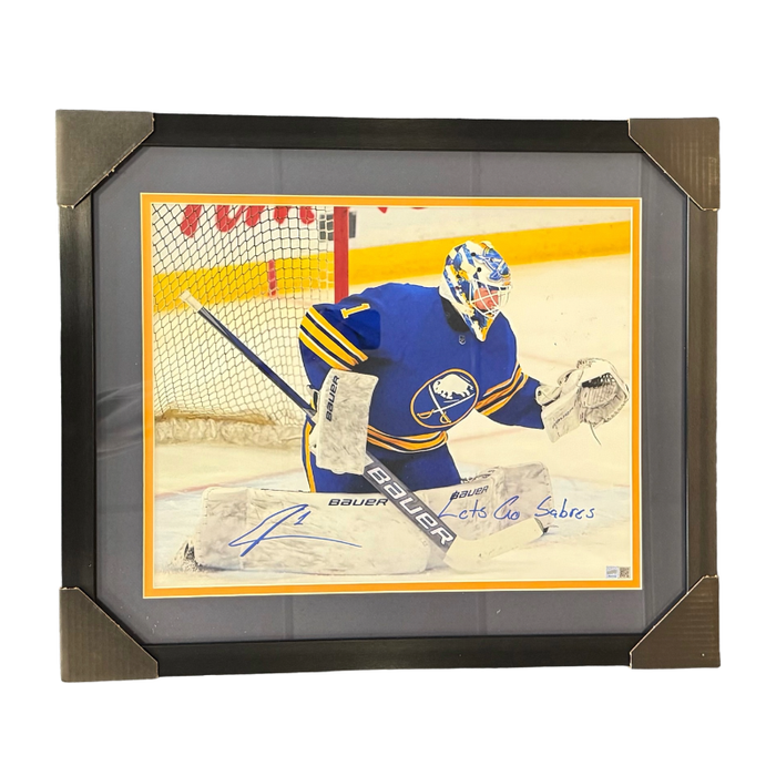 Ukko-Pekka Luukkonen Signed in Butterfly 16x20 Photo with "Let's Go Sabres" - Professionally Framed