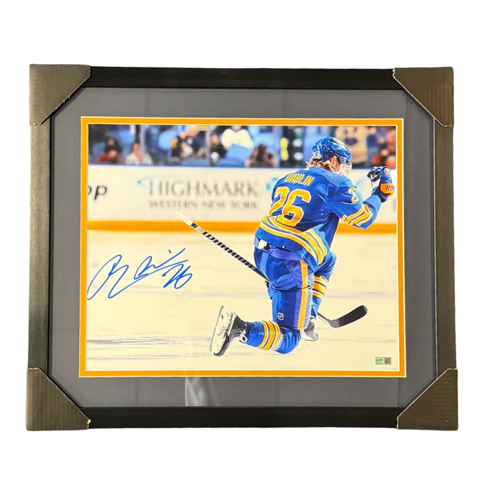 Rasmus Dahlin Signed Flexing on Knee in Blue 16x20 Photo- Professionally Framed