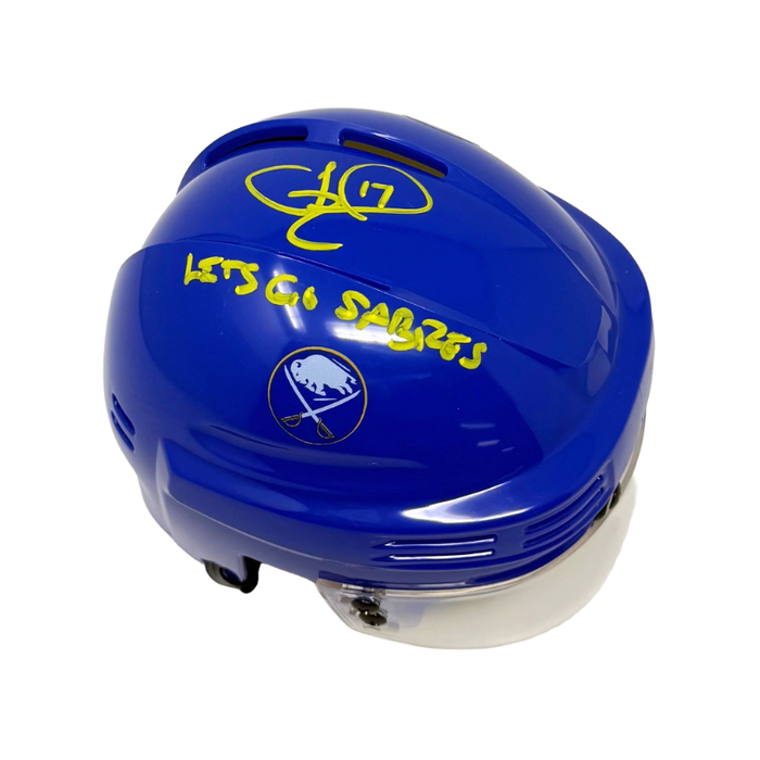 Jason Zucker Signed Buffalo Sabres Blue Mini Helmet with Let's Go Sabres