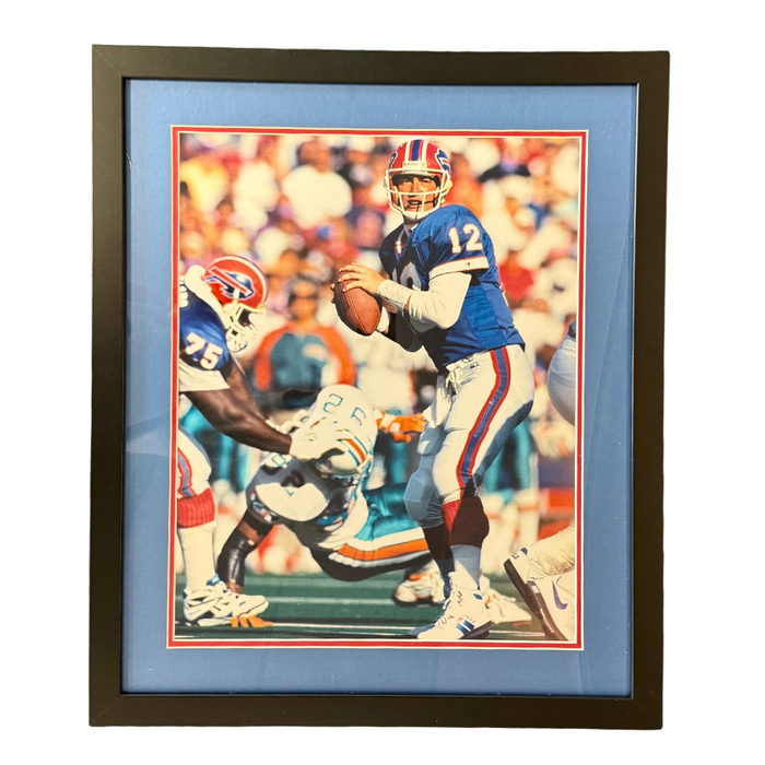 Jim Kelly Unsigned About to Throw in Blue (Miami Defender in Background) 16x20 Photo - Professionally Framed