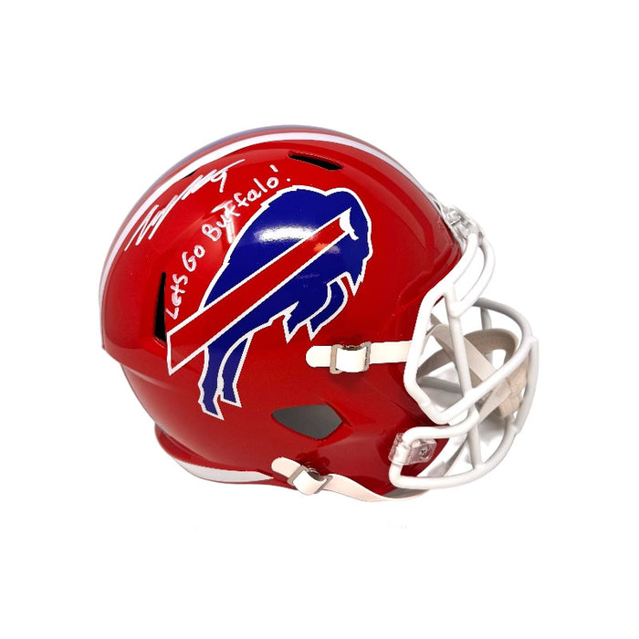 Taylor Rapp Signed Buffalo Bills Full Size Red Throwback Speed Replica Helmet with Let's Go Buffalo