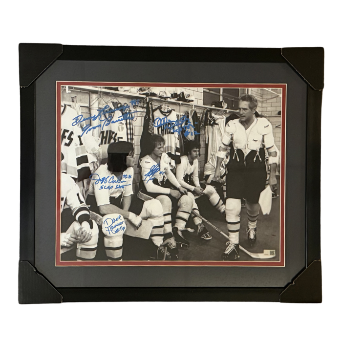 The Ultimate Slap Shot Multi-Signed Locker Room 16x20 Photo Professionally Framed