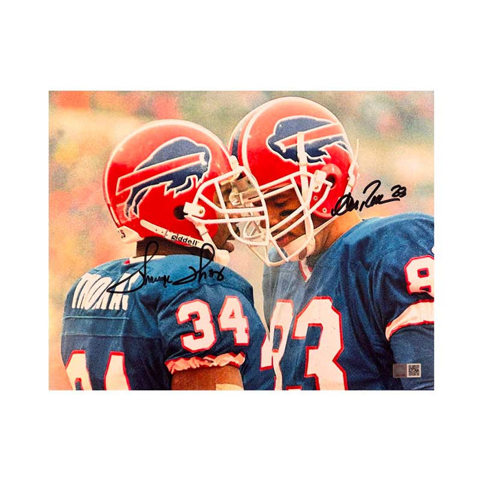 Thurman Thomas and Andre Reed Dual Signed Touching Helmets 11x14  Photo