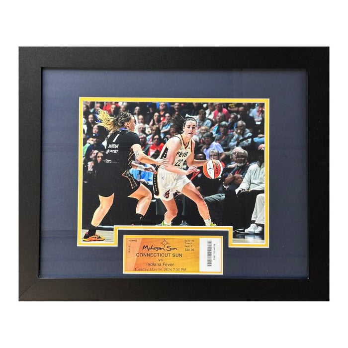 Caitlin Clark Unsigned Ball in Hand vs Connecticut Sun 11x14 Photo with Replica Debut Ticket Professionally Framed