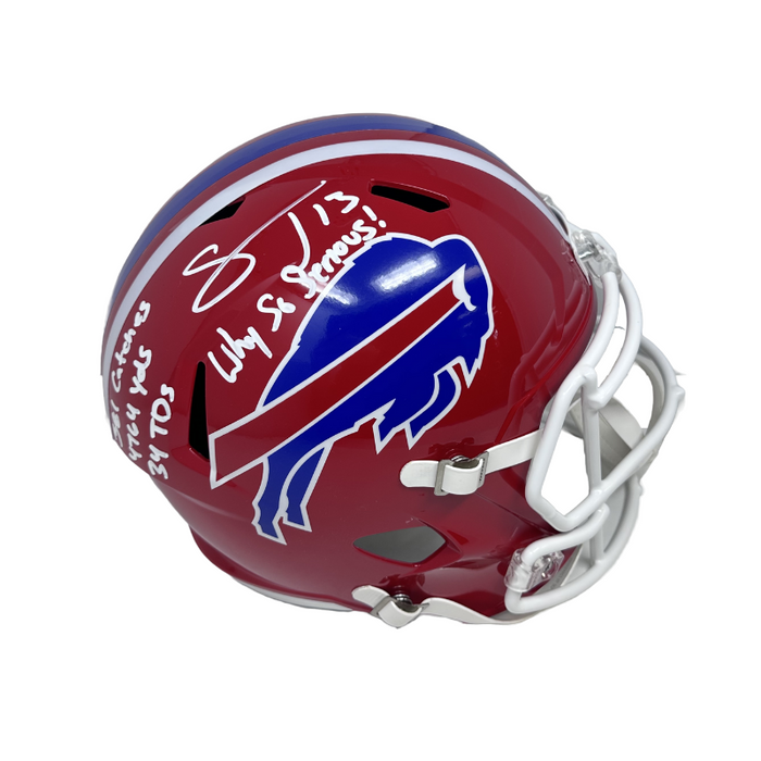 Stevie Johnson Signed Buffalo Bills Full Size Red Throwback Speed Replica Helmet with Career Stats and Why So Serious