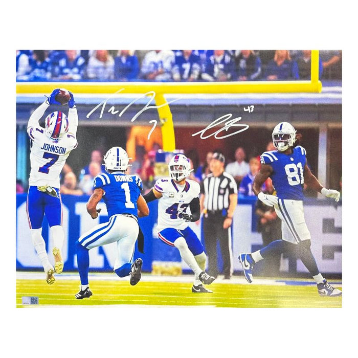 Taron Johnson and Terrel Bernard Dual Signed Interception vs Colts 16x20 Photo