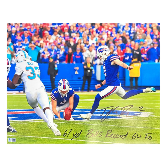 Tyler Bass Signed Game Winning Field Goal vs Miami 16x20 Photo with "61 yd Bills Record GW FG"