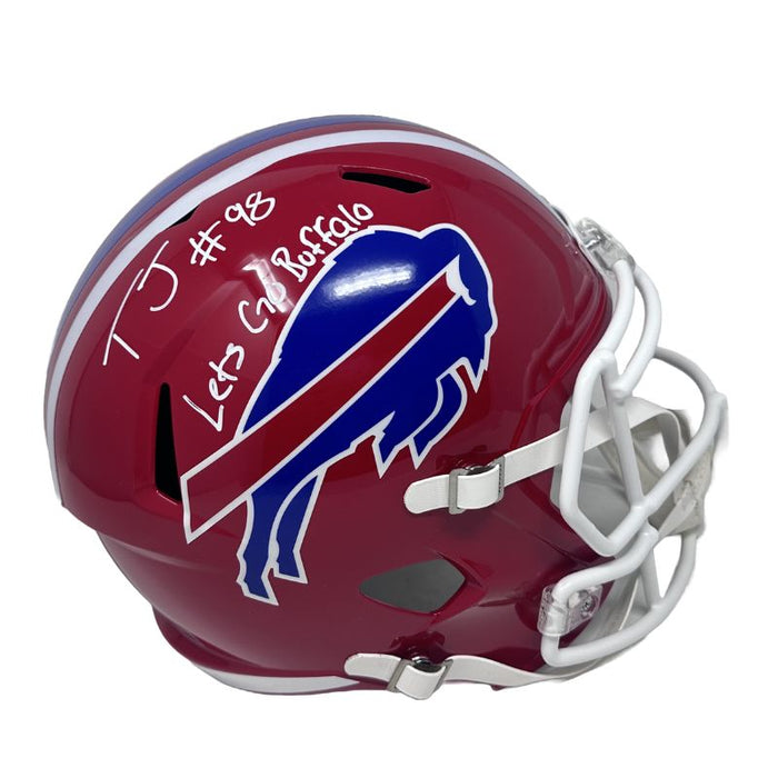 TJ Sanders Signed Buffalo Bills Full Size Red Throwback Speed Replica Helmet with “Let’s Go Buffalo”