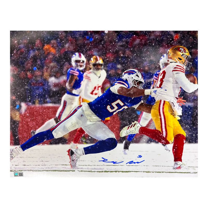 DOORBUSTER: Greg Rousseau Signed Tackling Brock Purdy in Snow Photo