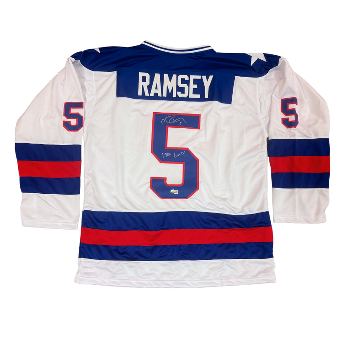 Mike Ramsey Signed Pro-Syle White USA Hockey Jersey with "1980 Gold"