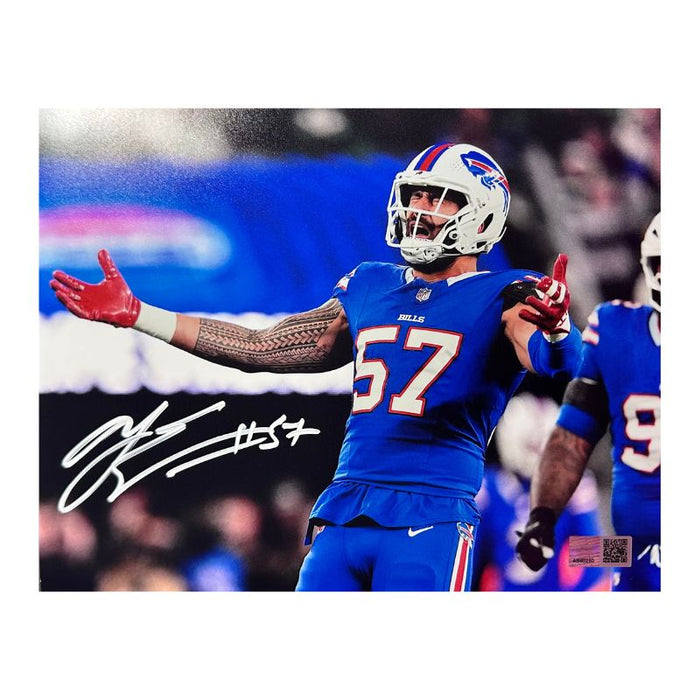 A.J Epenesa Signed Arms out in Blue Photo