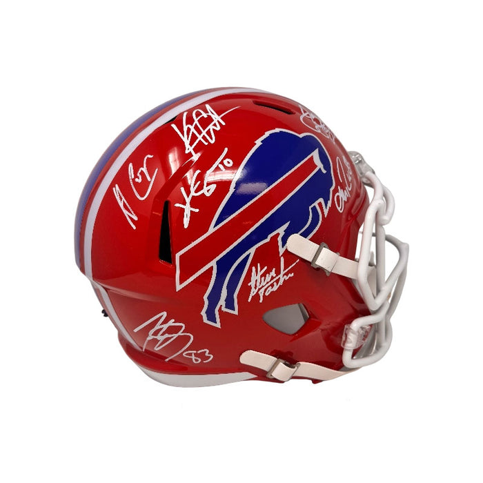 Former and Current Wide Receivers Multi Signed Buffalo Bills Full Size Red Throwback Speed Replica Helmet