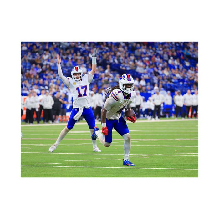 PRE-SALE: James Cook Signed Rushing with Josh Allen Celebrating Photo