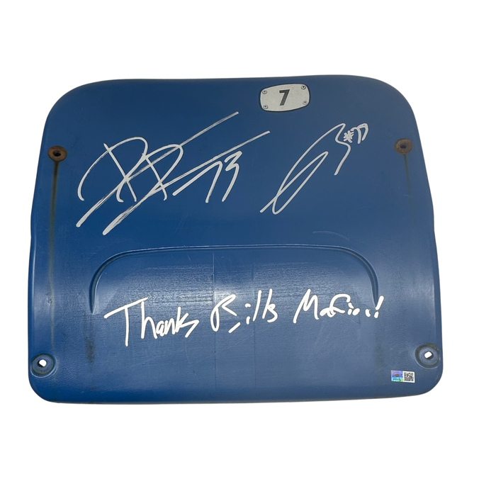 Spencer Brown and Dion Dawkins Dual Autographed Authentic Highmark Stadium Blue Seatback with "Thanks Bills Mafia"