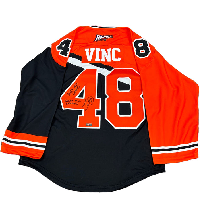 Matt Vinc Signed Buffalo Bandits ProJoy Jersey with 2023 and 2024 NLL Champs Signed Jerseys TSE Buffalo 