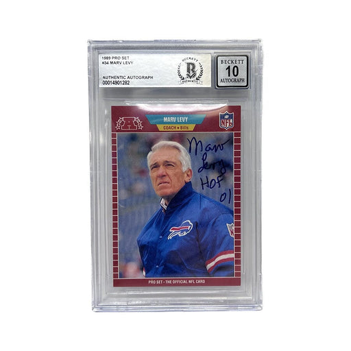 Marv Levy Signed 1989 Pro Set #34 Slabbed Card Mint 10 with "HOF 01" Signed Cards TSE Buffalo 