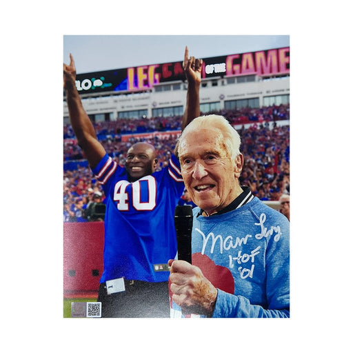 Marv Levy Signed Talking into Microphone 8x10 Photo with "HOF 01" Signed Photos TSE Buffalo 