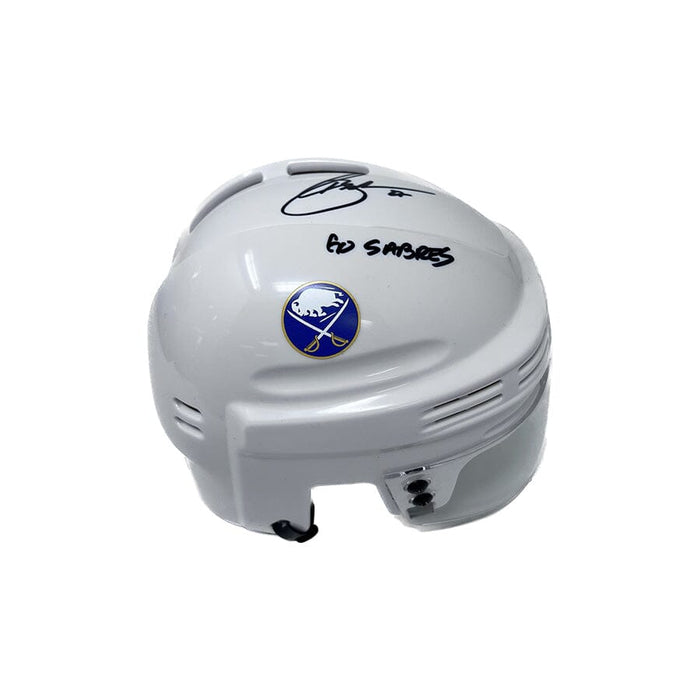 Brad May Signed Buffalo Sabres White Mini Helmet with "Go Sabres" Signed Hockey Helmet TSE Buffalo 