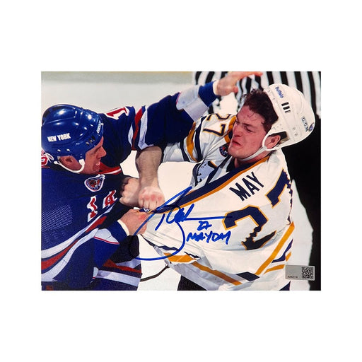 Brad May Signed Buffalo Sabres Fighting vs Rangers Photo with "May Day" Signed Photos TSE Buffalo 