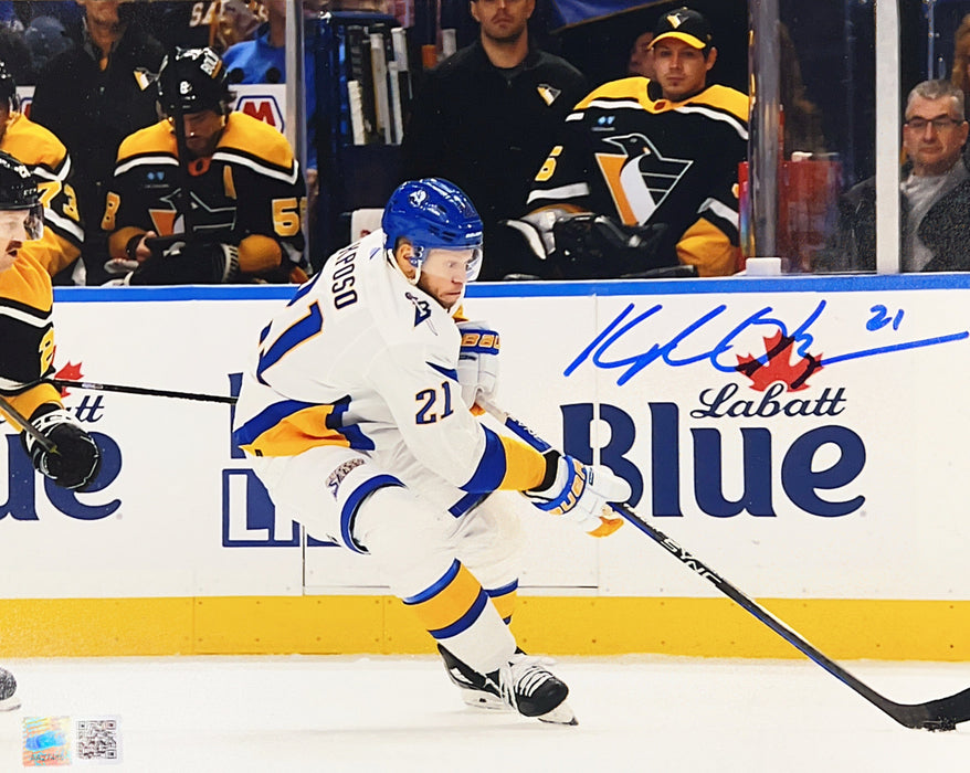 Kyle Okposo Skating with Puck in White Signed 8x10 Photo Signed Photos TSE Buffalo 