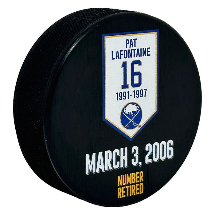 PRE-SALE: Pat LaFontaine Signed Banner Puck with FREE HOF PRE-SALE TSE Buffalo 