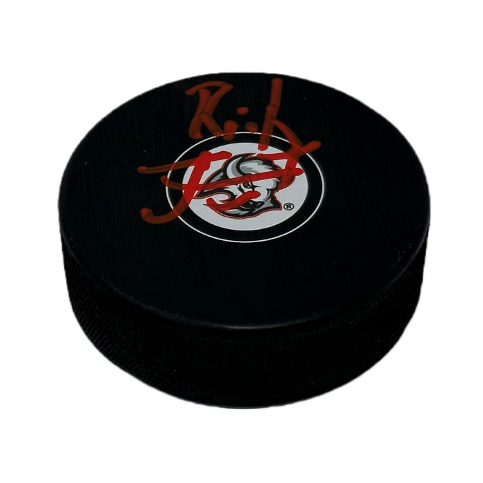 Rick Jeanneret Signed Buffalo Sabres Goathead Logo Puck Signed Hockey Pucks TSE Buffalo 