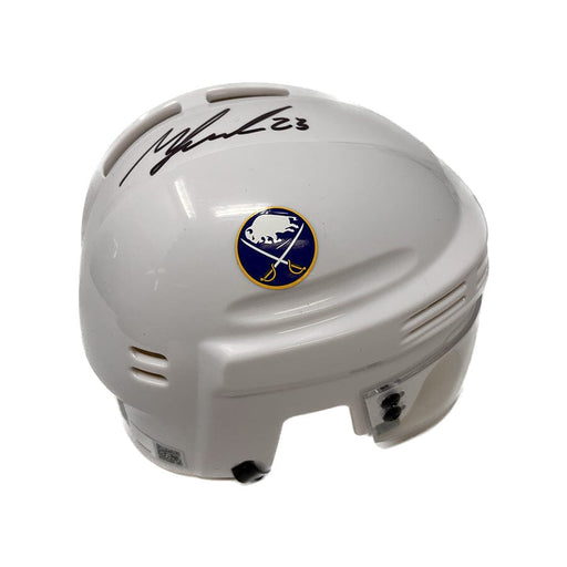 Mattias Samuelsson Signed Buffalo Sabres White Mini Helmet Signed Hockey Mini Helmet TSE Buffalo 