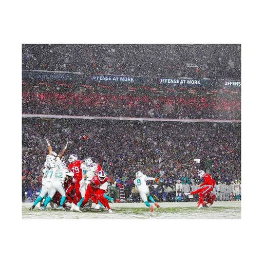 PRE-SALE: Tyler Bass Signed Snow Kick in Red (from Left Sidelines) Photo PRE-SALE TSE Buffalo 