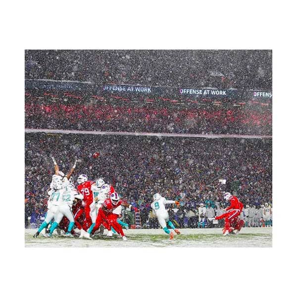 PRE-SALE: Tyler Bass Signed Snow Kick in Red (from Left Sidelines) Photo PRE-SALE TSE Buffalo 