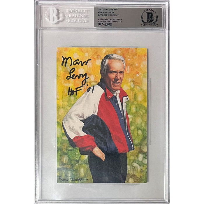 Marv Levy Buffalo Bills Signed 2001 Goal Line HOF Slabbed Drawing - Autograph Grade 10 TSE Buffalo 